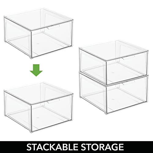 mDesign Plastic Stackable Closet Storage Organizer Bin Containers with Front Pull Drawer for Cabinet, Desk, Shelf, Cupboard, or Dresser Organization - Lumiere Collection - 2 Pack - Clear