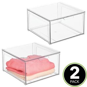 mDesign Plastic Stackable Closet Storage Organizer Bin Containers with Front Pull Drawer for Cabinet, Desk, Shelf, Cupboard, or Dresser Organization - Lumiere Collection - 2 Pack - Clear