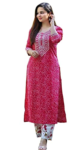 Paru Fabrics Women's Cotton Printed Straight Embroidery Kurti with Pant (L) Pink