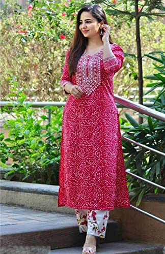 Paru Fabrics Women's Cotton Printed Straight Embroidery Kurti with Pant (L) Pink