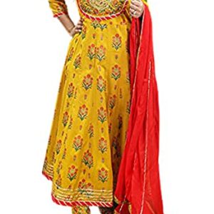 MAHICH WOMEN'S Cotton Anarkali Hand Block Printed Kurti with Pant and Duptta Set_Yellow (XL), X-Large