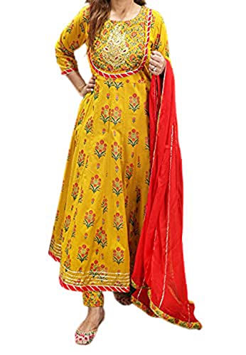 MAHICH WOMEN'S Cotton Anarkali Hand Block Printed Kurti with Pant and Duptta Set_Yellow (XL), X-Large