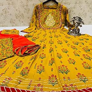 MAHICH WOMEN'S Cotton Anarkali Hand Block Printed Kurti with Pant and Duptta Set_Yellow (XL), X-Large