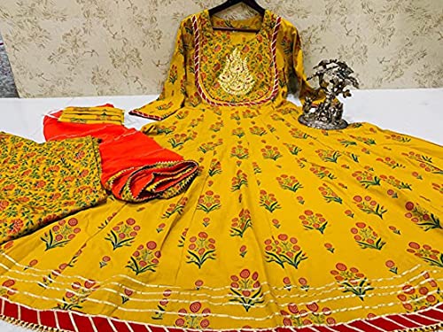 MAHICH WOMEN'S Cotton Anarkali Hand Block Printed Kurti with Pant and Duptta Set_Yellow (XL), X-Large