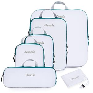 compression packing cube set 6pcs for carryon luggage, travel packing organizers with laundry bag for backpack, white