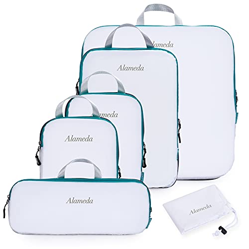 Compression Packing Cube Set 6pcs for Carryon Luggage, Travel Packing Organizers with Laundry Bag for Backpack, White