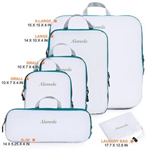 Compression Packing Cube Set 6pcs for Carryon Luggage, Travel Packing Organizers with Laundry Bag for Backpack, White