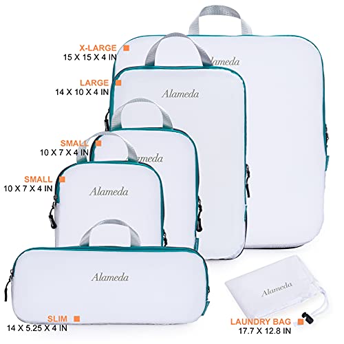 Compression Packing Cube Set 6pcs for Carryon Luggage, Travel Packing Organizers with Laundry Bag for Backpack, White