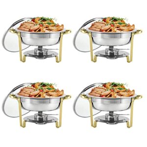 restlrious chafing dish buffet set 4 pack stainless steel round chafers and buffet warmers set with glass lid in gold accents, 5qt complete set for buffet catering w/water and food pan, fuel holder