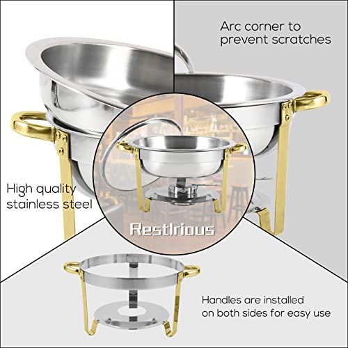 Restlrious Chafing Dish Buffet Set 4 Pack Stainless Steel Round Chafers and Buffet Warmers Set with Glass Lid in Gold Accents, 5QT Complete Set for Buffet Catering w/Water and Food Pan, Fuel Holder