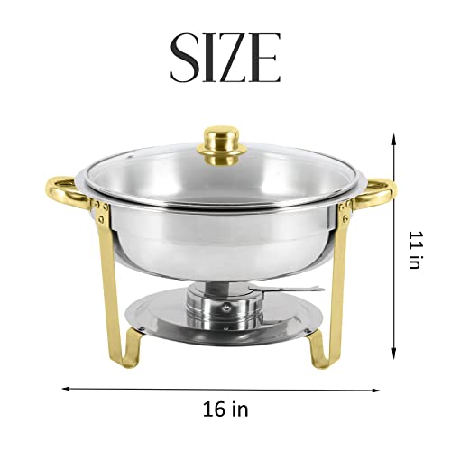 Restlrious Chafing Dish Buffet Set 4 Pack Stainless Steel Round Chafers and Buffet Warmers Set with Glass Lid in Gold Accents, 5QT Complete Set for Buffet Catering w/Water and Food Pan, Fuel Holder