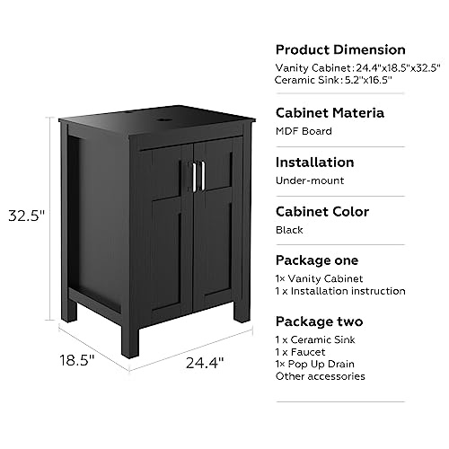 ARTETHYS 24 Inches Single Bathroom Vnaity Modern Pedestal Sink Bathroom Stand Cabinet Wood Black Bathroom Cabinet