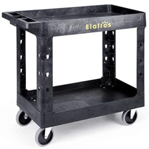 elafros heavy duty plastic utility cart 34 x 17 inch - work cart tub storage w/deep shelves and full swivel wheels safely holds up to 550 lbs - 2 tier service cart for warehouse,garage, cleaning