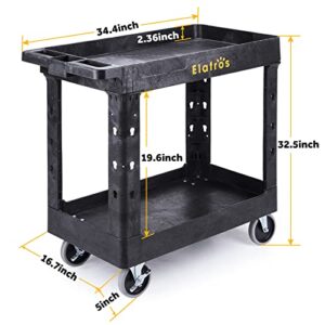 ELAFROS Heavy Duty Plastic Utility Cart 34 x 17 Inch - Work Cart Tub Storage W/Deep Shelves and Full Swivel Wheels Safely Holds up to 550 lbs - 2 Tier Service Cart for Warehouse,Garage, Cleaning