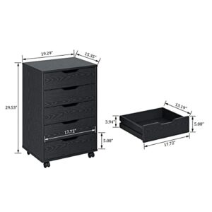 Panana 5/7 Drawer Chest, Wooden Tall Dresser Storage Dresser Cabinet with Wheels, Office Organization and Storage, Bedroom Furniture (5 Drawer, Black)