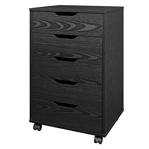 Panana 5/7 Drawer Chest, Wooden Tall Dresser Storage Dresser Cabinet with Wheels, Office Organization and Storage, Bedroom Furniture (5 Drawer, Black)