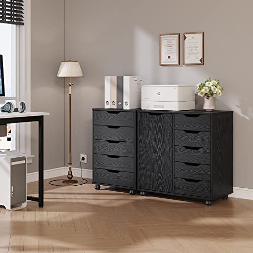 Panana 5/7 Drawer Chest, Wooden Tall Dresser Storage Dresser Cabinet with Wheels, Office Organization and Storage, Bedroom Furniture (5 Drawer, Black)