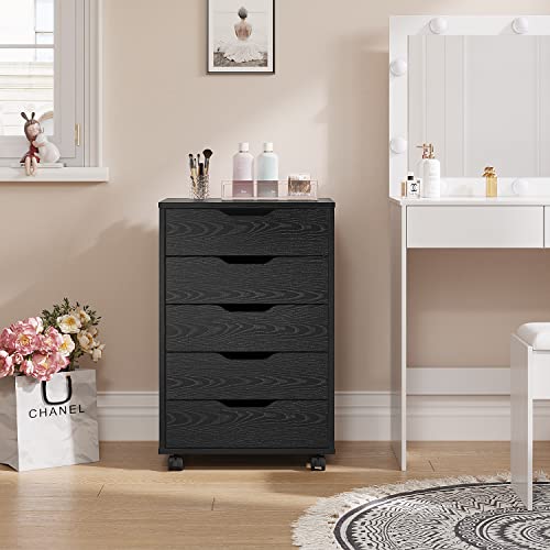 Panana 5/7 Drawer Chest, Wooden Tall Dresser Storage Dresser Cabinet with Wheels, Office Organization and Storage, Bedroom Furniture (5 Drawer, Black)