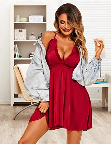 Avidlove Women Lingerie Satin Lace Nightgown Sexy Full Slips Sexy Silk Sleepwear Dress Wine Red