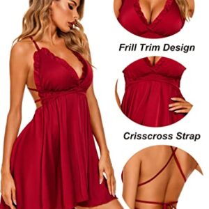 Avidlove Women Lingerie Satin Lace Nightgown Sexy Full Slips Sexy Silk Sleepwear Dress Wine Red