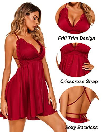 Avidlove Women Lingerie Satin Lace Nightgown Sexy Full Slips Sexy Silk Sleepwear Dress Wine Red