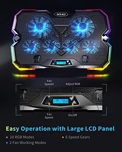 KeiBn Upgrade Laptop Cooling Pad A13,RGB Lights Laptop Cooler 6 Fans for up to 15.6 Inch Laptops,10 Modes Light, 7 Height Stands, 2 USB Ports - Blue