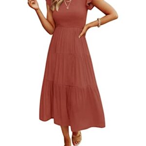 ZCSIA Women's 2023 Summer Casual Ruffle Short Sleeve Crewneck Smocked Tiered A Line Midi Dress,Rust,Small