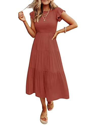 ZCSIA Women's 2023 Summer Casual Ruffle Short Sleeve Crewneck Smocked Tiered A Line Midi Dress,Rust,Small