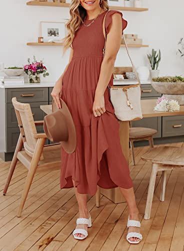 ZCSIA Women's 2023 Summer Casual Ruffle Short Sleeve Crewneck Smocked Tiered A Line Midi Dress,Rust,Small