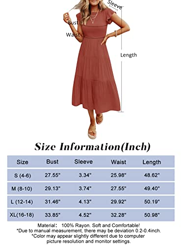 ZCSIA Women's 2023 Summer Casual Ruffle Short Sleeve Crewneck Smocked Tiered A Line Midi Dress,Rust,Small