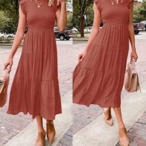 ZCSIA Women's 2023 Summer Casual Ruffle Short Sleeve Crewneck Smocked Tiered A Line Midi Dress,Rust,Small