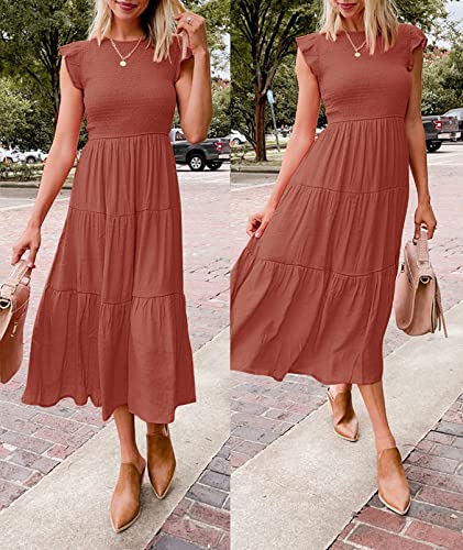 ZCSIA Women's 2023 Summer Casual Ruffle Short Sleeve Crewneck Smocked Tiered A Line Midi Dress,Rust,Small