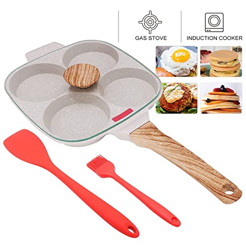 Bobikuke Egg Pan Fried Egg Pan, Egg Frying Pan with Lid Nonstick 4 Cups Pancake Pan Aluminium Alloy Cooker for Breakfast, Gas Stove & Induction Compatible (White)