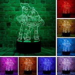 Cartoon Story Sheriff Woody and Buzz Lightyear Anime Figure 3D Optical Illusion LED Bedroom Decor Sleep Night Light with Remote 7 Colors Acrylic Table Lamp Birthday Gifts for Kids