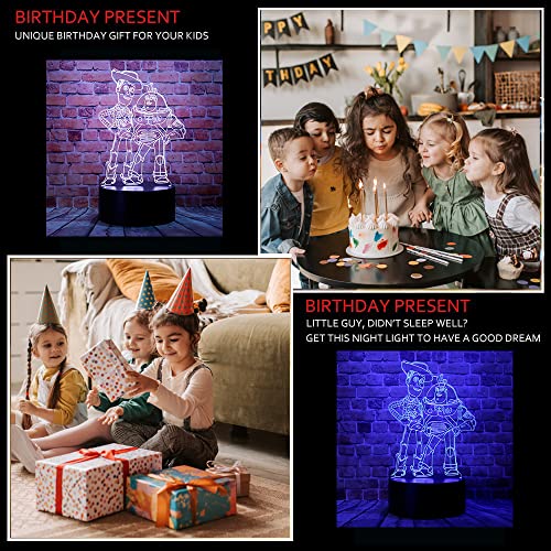 Cartoon Story Sheriff Woody and Buzz Lightyear Anime Figure 3D Optical Illusion LED Bedroom Decor Sleep Night Light with Remote 7 Colors Acrylic Table Lamp Birthday Gifts for Kids