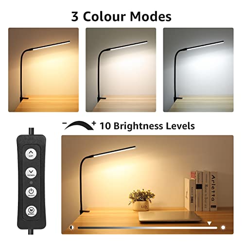 Lepro Clip on Desk Lamp LED Reading light Dimmable USB Clamp Lamp with 3 Color Modes 10 Brightness, Adjustable Flexible Gooseneck Table Light for Bed Headboard, Workbench, Home Office, Computer, Black