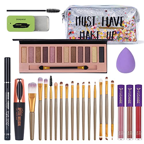 All in One Makeup Set For Women Full Kit - 12 Colors Nude Eyeshadow Palette, Waterproof Black Mascara Eyeliner Pen, 3pcs Matte Liquid Lipstick Set, Eyebrow Soap Gel Kit, 12 pcs Brushes Set Makeup Sponge with Makeup Bag Gift Set