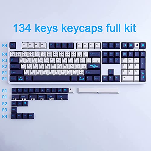 JOMKIZ PBT Keycaps, 134 Keys Blue Moon Dye Sublimation Cherry Profile Keycaps with 7U Spacebar Japanese Keycap Set for MX Switches Mechanical Keyboards