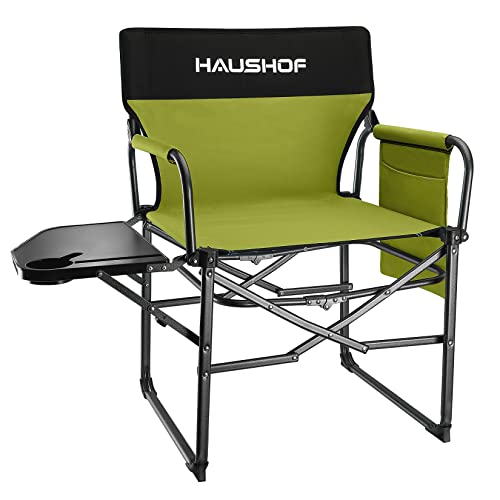 HAUSHOF Camping Chair with Side Table and Storage Pockets, Portable Folding Directors Chair, Heavy Duty Camp Chair for Adults Outdoor Fishing Beach, Green