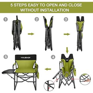 HAUSHOF Camping Chair with Side Table and Storage Pockets, Portable Folding Directors Chair, Heavy Duty Camp Chair for Adults Outdoor Fishing Beach, Green