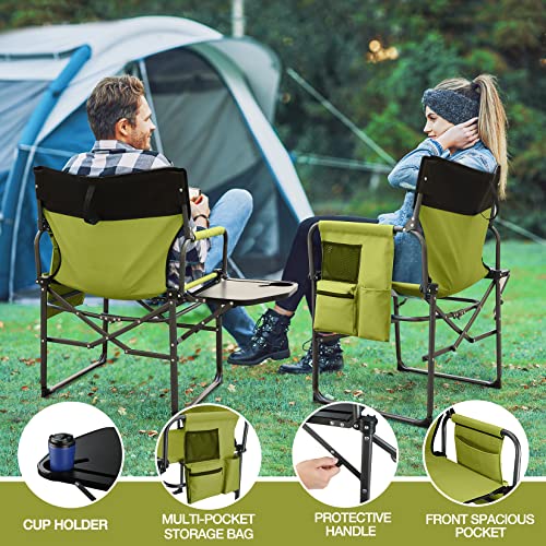 HAUSHOF Camping Chair with Side Table and Storage Pockets, Portable Folding Directors Chair, Heavy Duty Camp Chair for Adults Outdoor Fishing Beach, Green