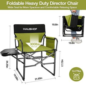 HAUSHOF Camping Chair with Side Table and Storage Pockets, Portable Folding Directors Chair, Heavy Duty Camp Chair for Adults Outdoor Fishing Beach, Green