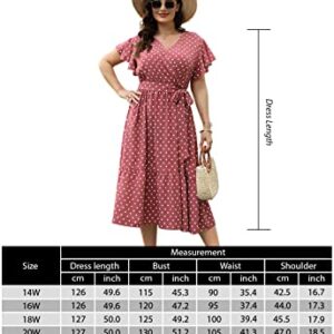 Celkuser Womens Plus Size Summer Short Sleeve V Neck Boho Casual Floral Midi Dress with Pockets CEL134(cel134,16,PinkDot)