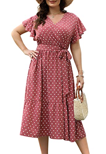 Celkuser Womens Plus Size Summer Short Sleeve V Neck Boho Casual Floral Midi Dress with Pockets CEL134(cel134,16,PinkDot)