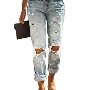 HETIPR Women's Ripped Boyfriend Jeans Mid Rise Loose Fit Distressed Stretchy Denim Pants US Medium, Light Blue