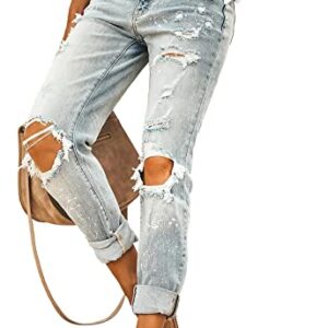 HETIPR Women's Ripped Boyfriend Jeans Mid Rise Loose Fit Distressed Stretchy Denim Pants US Medium, Light Blue