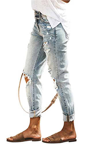 HETIPR Women's Ripped Boyfriend Jeans Mid Rise Loose Fit Distressed Stretchy Denim Pants US Medium, Light Blue