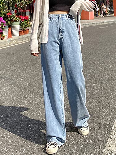 LQI Women's High Waist Baggy Boyfriend Jeans Distressed Wide Leg Denim Pants Blue