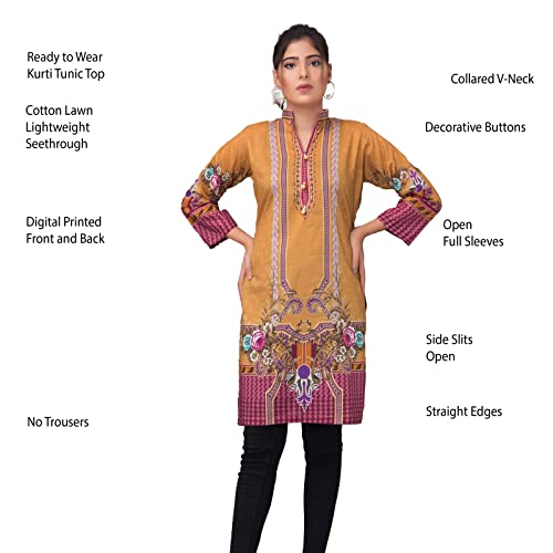 IshDeena Pakistani Kurtis for women Indian Style Cotton Tunics Womens Tops Printed Lawn (2X-Large, Musturd Yellow)