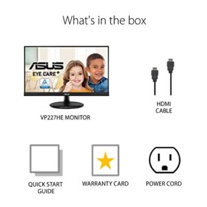 ASUS 21.5” Monitor (VP227HE) - Full HD, 75Hz, Adaptive-Sync/FreeSync, Eye Care, Low Blue Light, Flicker Free, HDMI, VGA, Frameless, Ergonomic Tilt, Wall Mountable ,BLACK